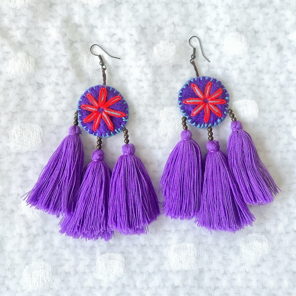 Big Purple Tassel Fringe Boho Earrings